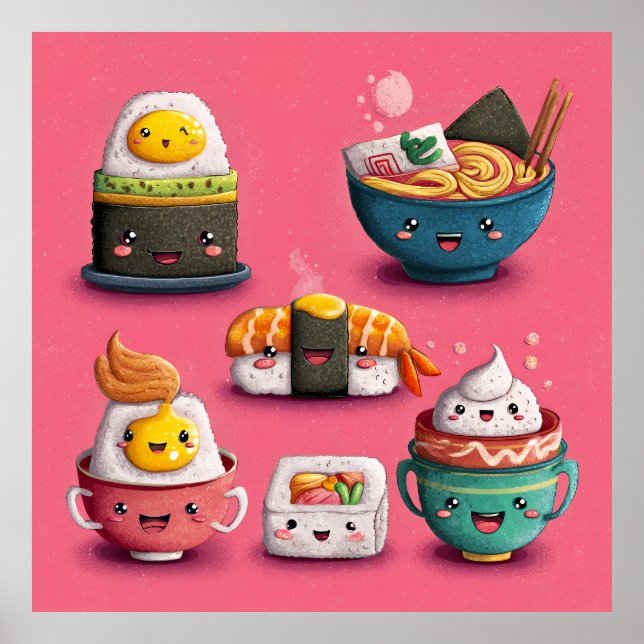 Póster Festín de Sushi Kawaii Rosa (Frente)