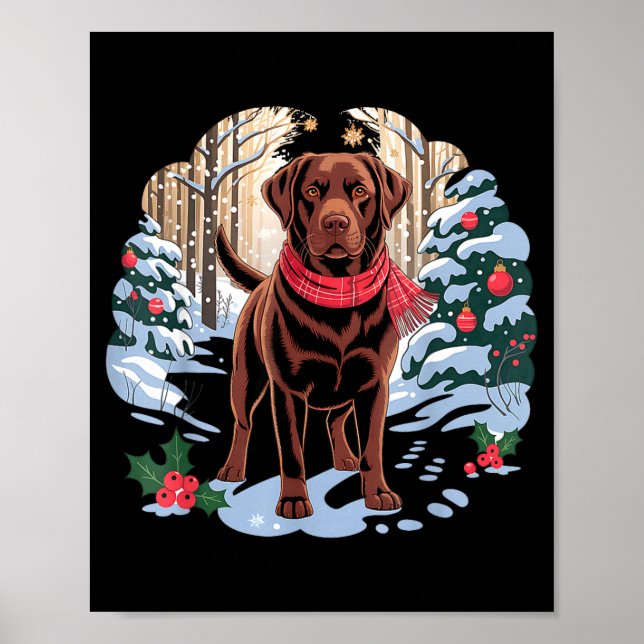 Póster Festive Chocolate Lab In Snowy Forest Winter Xmas  (Frente)
