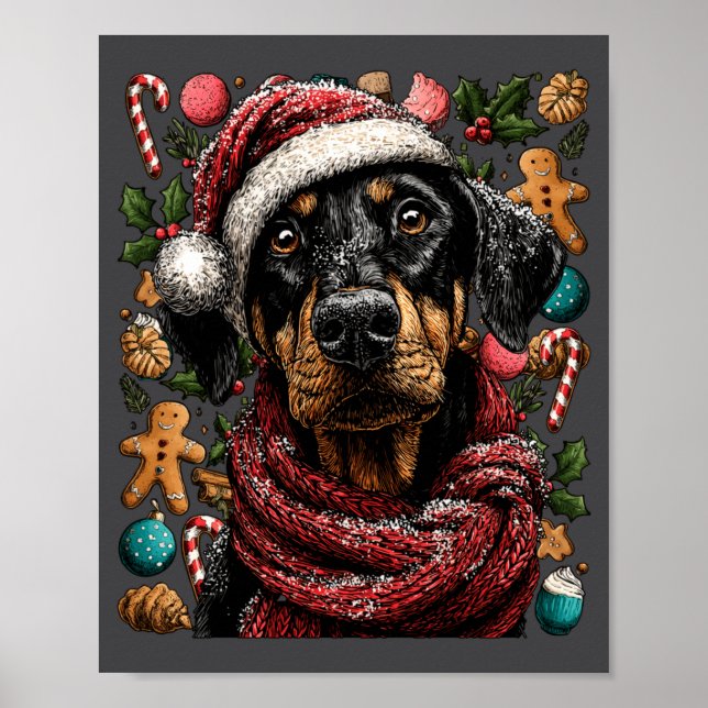 Póster Festive Doberman With Santa Hat Snowy Winter Chris (Frente)