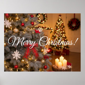 Póster Festive fir trees decorated with garlands 