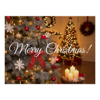 Póster Festive fir trees decorated with garlands 