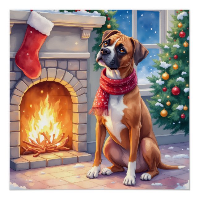 Póster Festive Fireplace Boxer Christmas Art (Anverso)