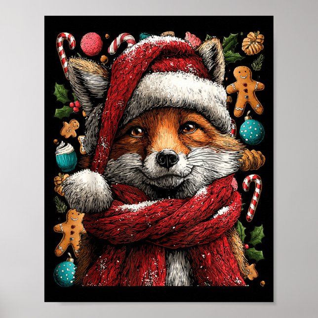 Póster Festive Fox With Snow Santa Hat Winter Christmas A (Frente)