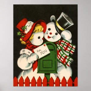 Póster Festive retro vintage snow couple Holiday poster