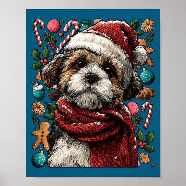 Póster Festive Shih Tzu With Santa Hat Snowy Winter Chris (Frente)