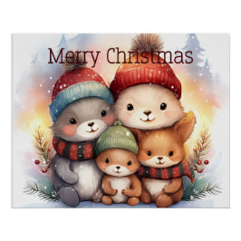 Póster Festive Woodland Animal Family Merry Christmas