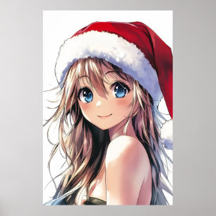 Póster Festividad de Chica de anime Santa Hat con ojos az