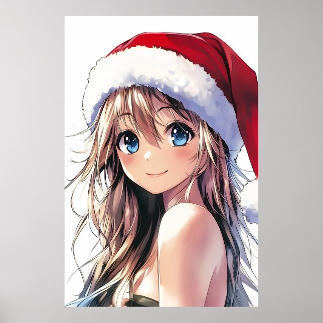 Póster Festividad de Chica de anime Santa Hat con ojos az (Frente)