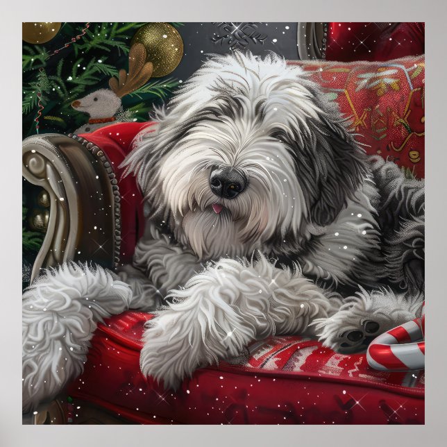 Póster Festividad de Navidades de Sheepdog ingleses viejo (Frente)
