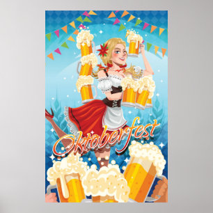 Póster Festividad Oktoberfest donada en rojo con cerveza