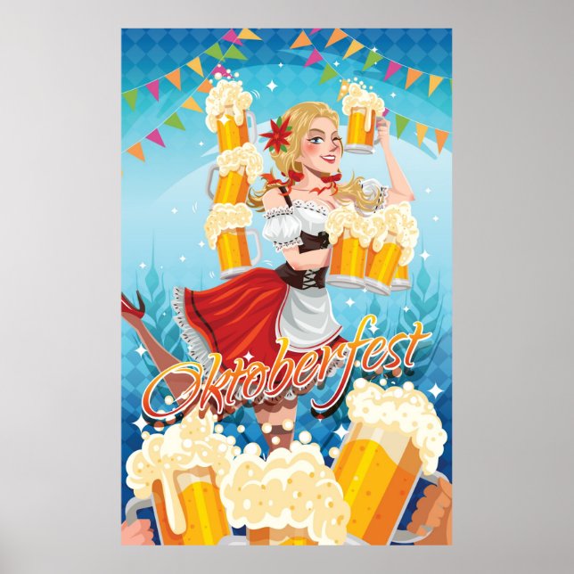 Póster Festividad Oktoberfest donada en rojo con cerveza (Frente)
