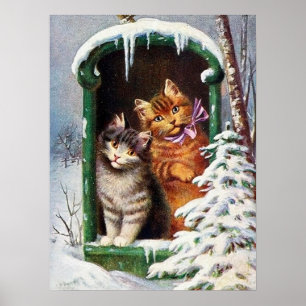 Póster festividad vintage gatos navideños