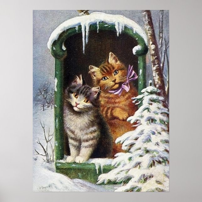 Póster festividad vintage gatos navideños (Frente)