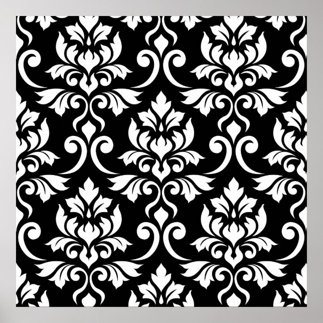 Póster Feuille Damask Gran patrón blanco en negro (Frente)
