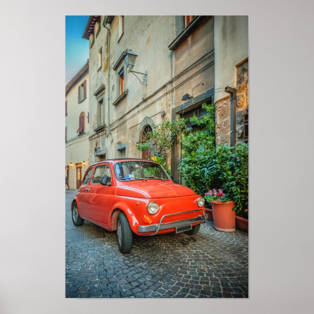 Póster Fiat 500, rojo, clásico coche italiano en Italia (Frente)