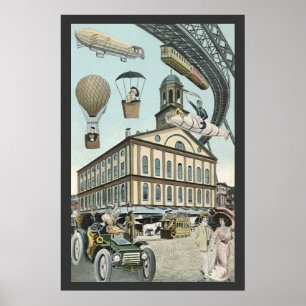 Póster Ficción científica vintage, ciudad steampunk victo