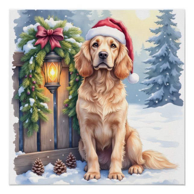 Póster Field Spaniel Snowy Fence Santa Hat Christmas Art (Anverso)