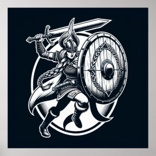 Póster Fierce Valkyrie Warrior - Norse Mythology Line Art