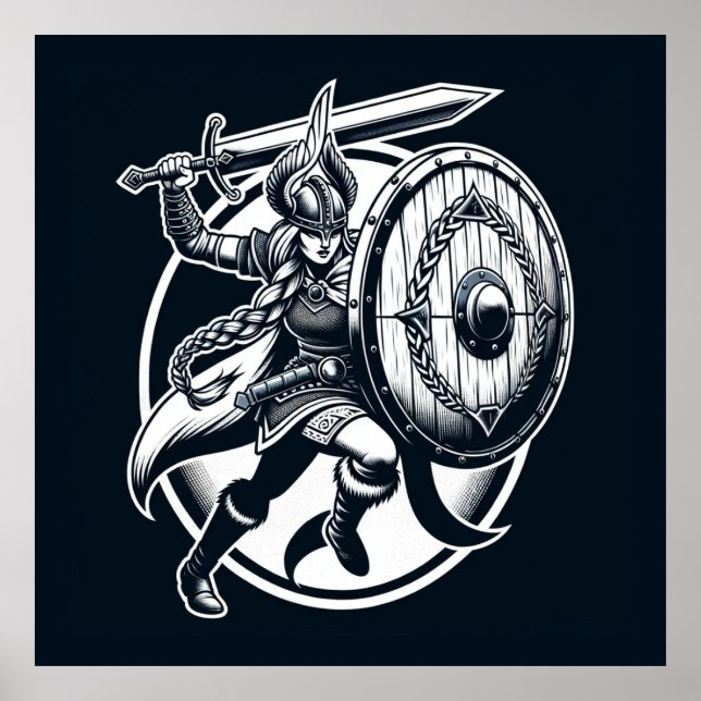 Póster Fierce Valkyrie Warrior - Norse Mythology Line Art (Frente)