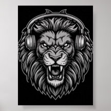 Fiero León Rugiente con Auriculares Monocromo Pos