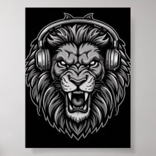 Póster Fiero León Rugiente con Auriculares Monocromo Pos