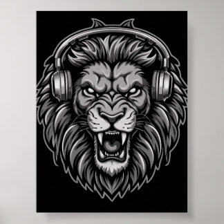 Póster Fiero León Rugiente con Auriculares Monocromo Pos
