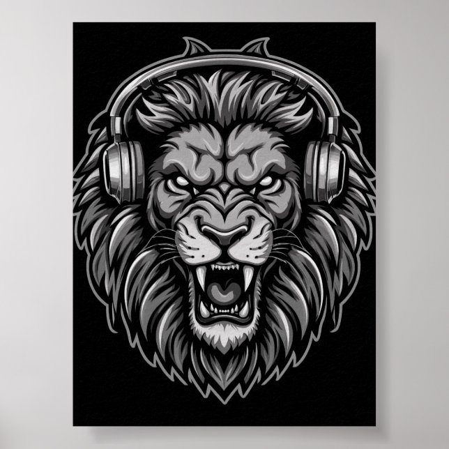 Póster Fiero León Rugiente con Auriculares Monocromo Pos (Frente)