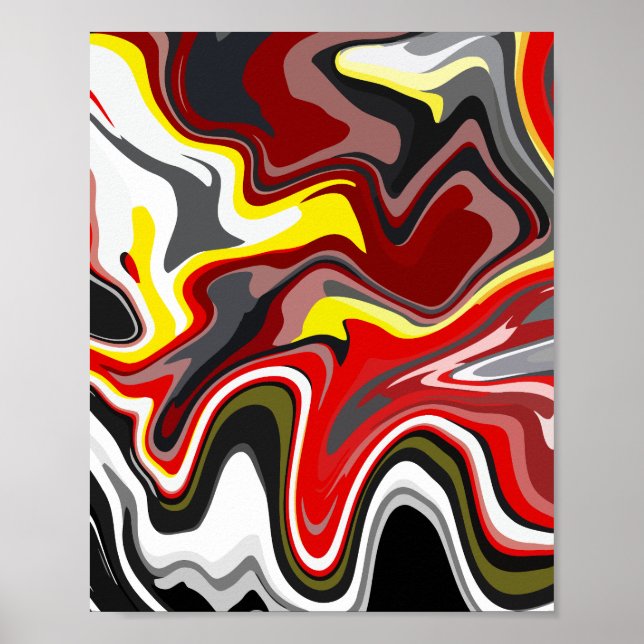 Póster Fiery Abstract Fluid Art con Rojo, Amarillo y Negr (Frente)