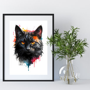 Póster Fiery Gaze Black Cat Watercolor Animal Wall Art