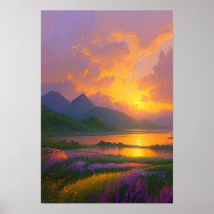 Póster Fiery Sunset, hermoso lago con bancos verdes