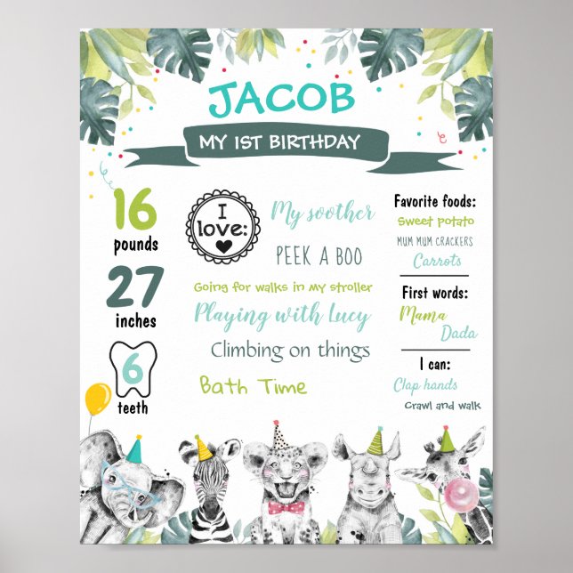 Póster Fiesta Animales Safari Primer Día de Nacimiento Hi (Frente)