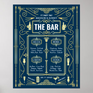 Póster Fiesta Art Deco Boda Gold Blue Open Bar
