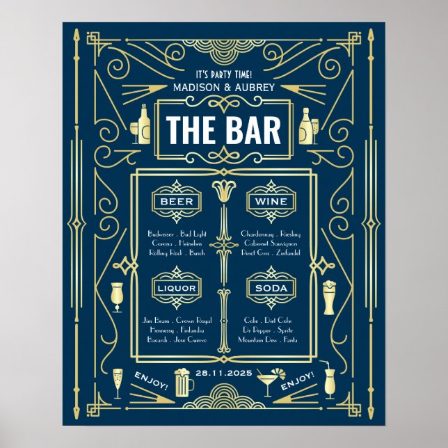 Póster Fiesta Art Deco Boda Gold Blue Open Bar (Frente)