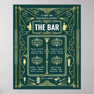Póster Fiesta Art Deco Boda Gold Green Bar