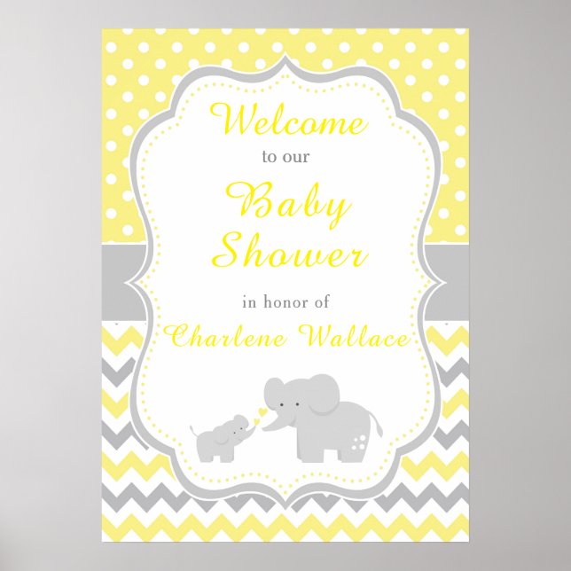 Póster Fiesta Baby Shower amarillo elefante y gris (Frente)