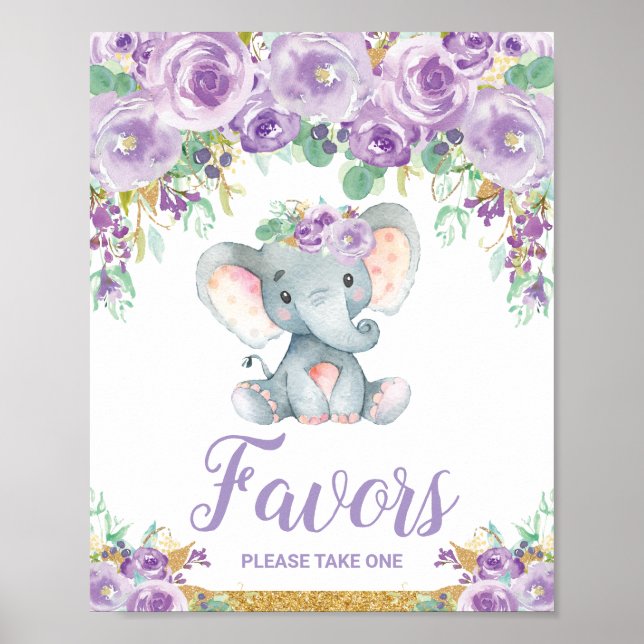 Póster Fiesta Baby Shower de Elefante Morado Favorece (Frente)