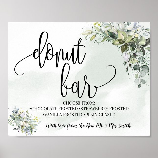 Póster Fiesta bar Donut boda recepción eucalipto verde (Frente)