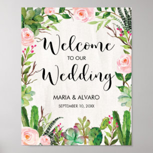 Póster Fiesta Boda Signo de bienvenida Floral Cactus Post