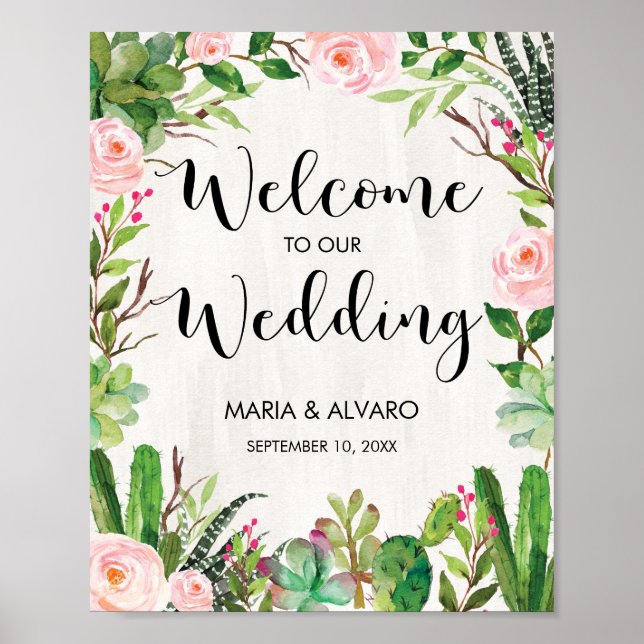 Póster Fiesta Boda Signo de bienvenida Floral Cactus Post (Frente)