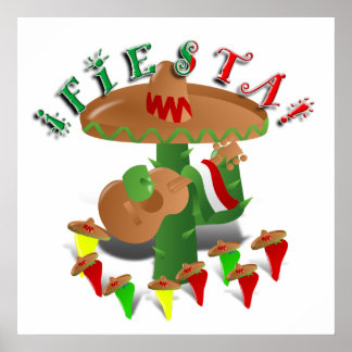 Póster Fiesta Cactus con guitarra y pimientos bailarines