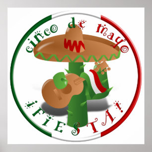 Póster Fiesta Cactus con guitarra y pimientos bailarines