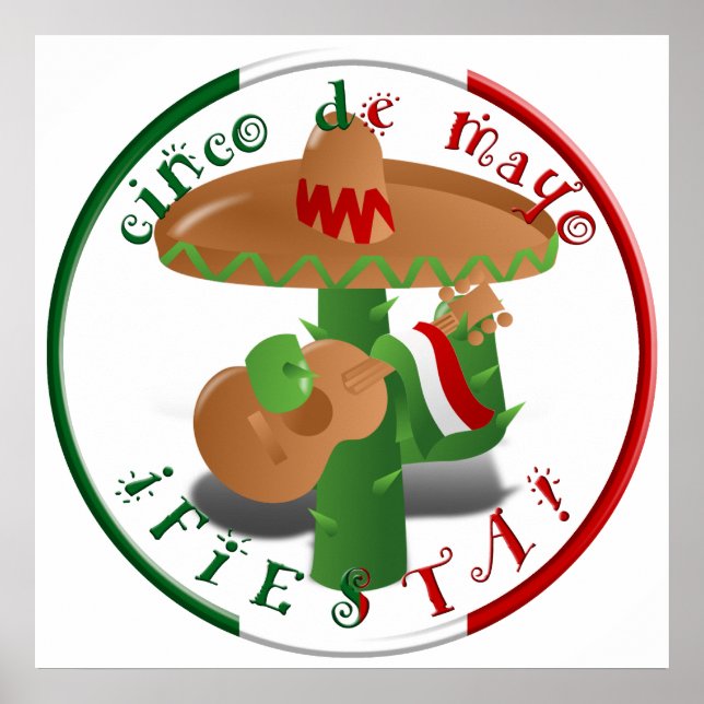 Póster Fiesta Cactus con guitarra y pimientos bailarines (Frente)