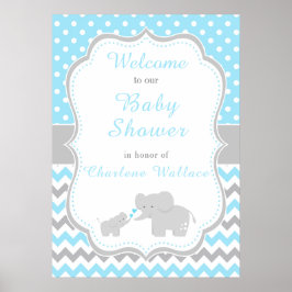 Póster Fiesta de Baby Shower azul elefante y gris