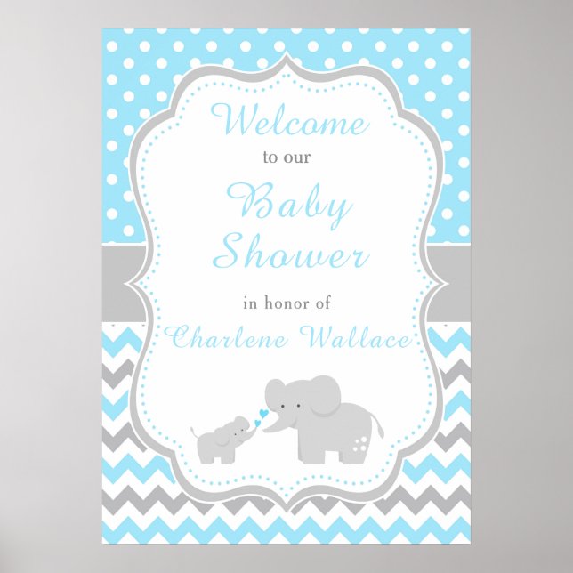Póster Fiesta de Baby Shower azul elefante y gris (Frente)