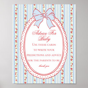 Póster Fiesta de Baby Shower Vintage Rojo y Azul con Flor