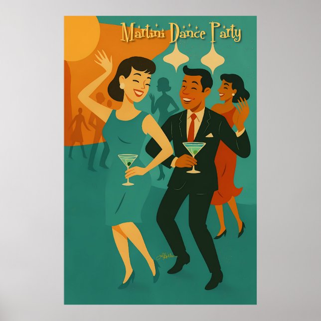Póster Fiesta de Baile con Martini de Época Moderna (Frente)