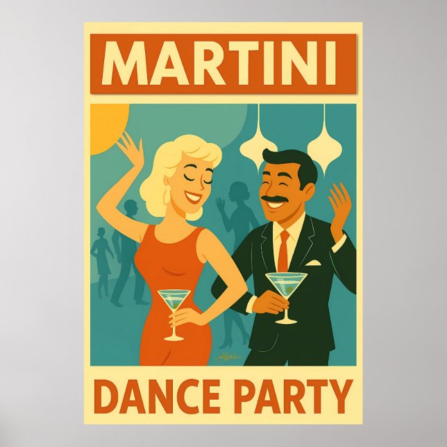Póster Fiesta de Baile con Martini de Época Moderna (Frente)