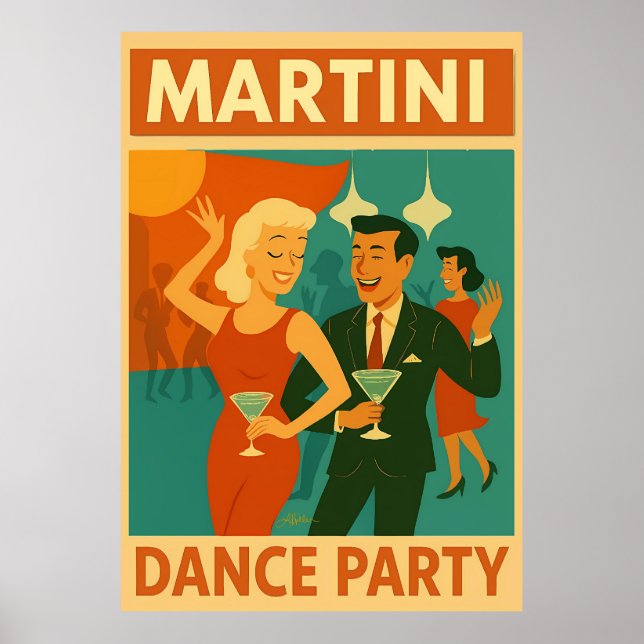 Póster Fiesta de Baile con Martini de Época Moderna (Frente)