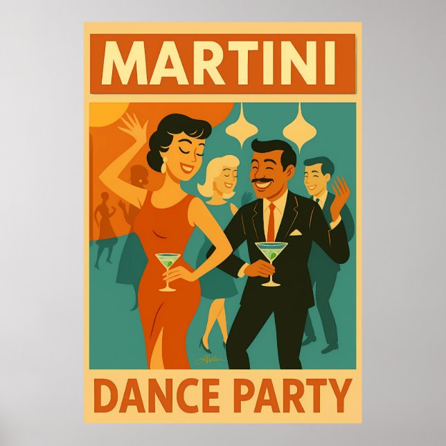 Póster Fiesta de baile de martini de mediados de siglo (Frente)