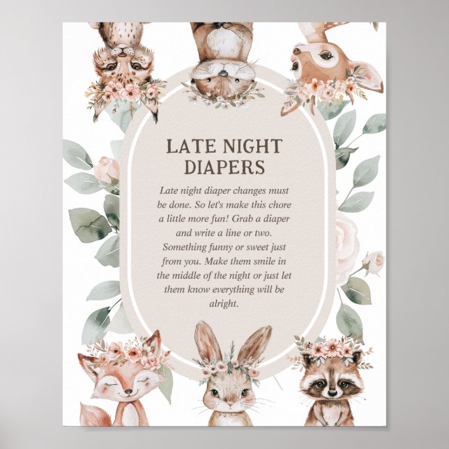 Póster Fiesta de Bebé Boho Bosque 'Pañal Nocturno' (Frente)